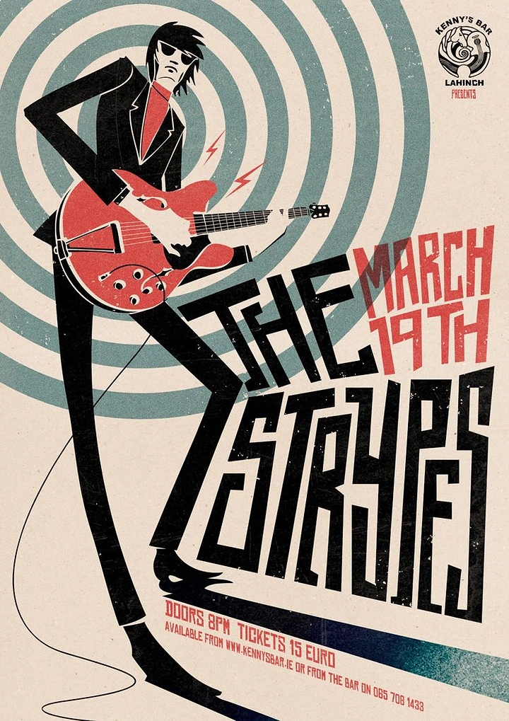 Creative ad: Stylised elongated mod guitarist with red hollow-body guitar