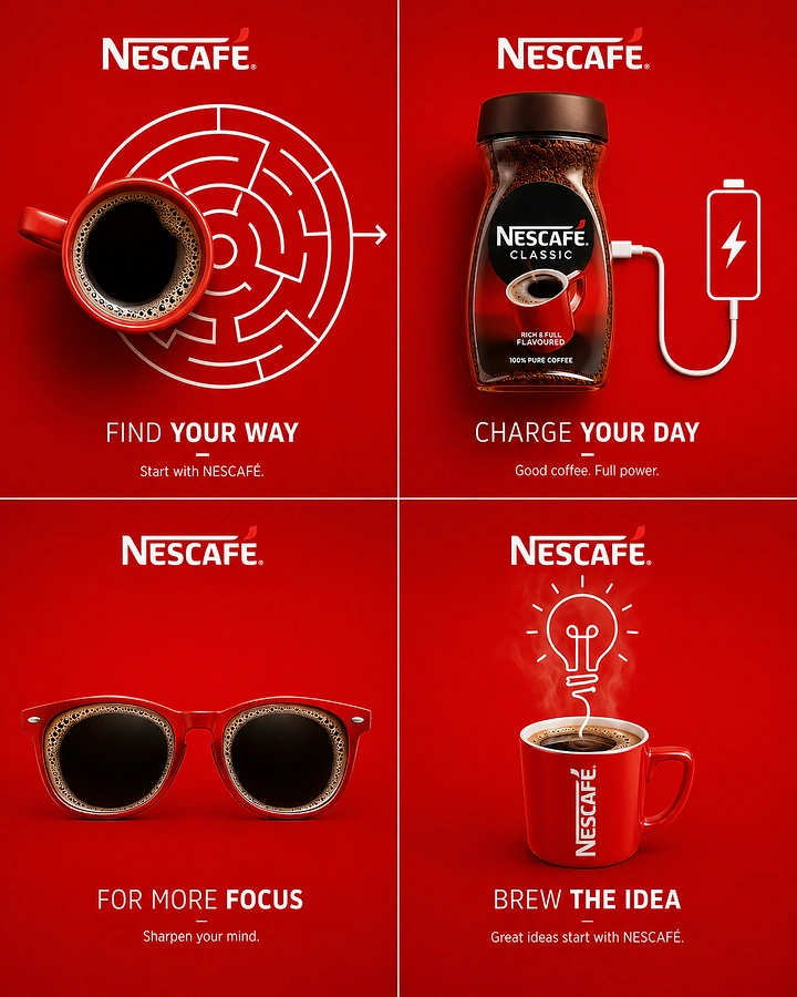 Coffee Shops creative ad: Coffee products paired with white line-art metaphors