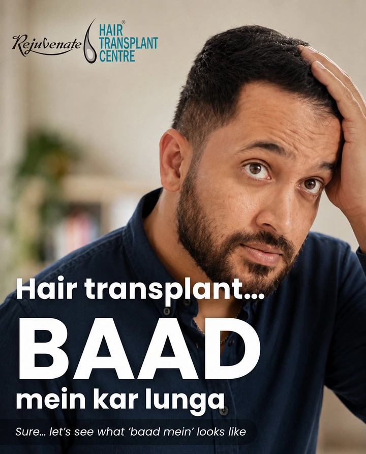 Hair Transplant & Hair Clinics creative ad: Witty procrastination copy 'Baad mein'