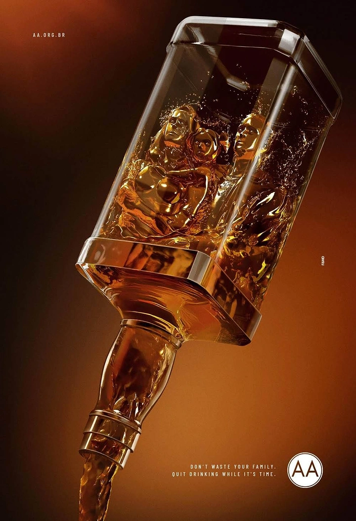 Creative ad: Tilted whisky bottle pouring out liquid shaped like a family