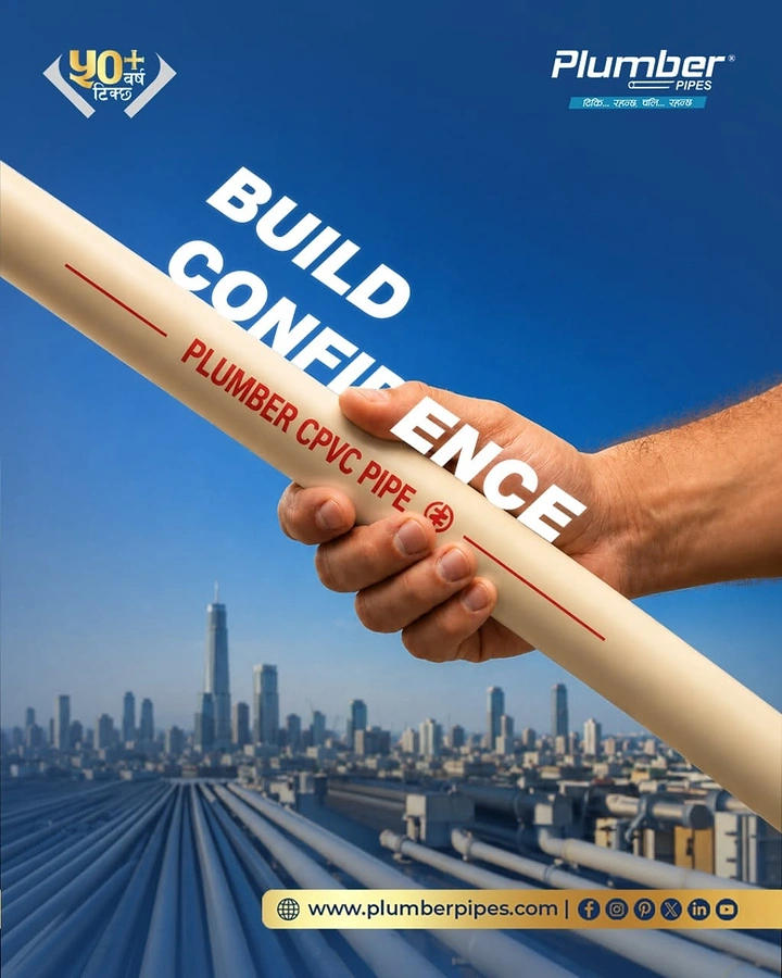 Plumbers creative ad: Pipe carries 'Build Confidence' over skyline