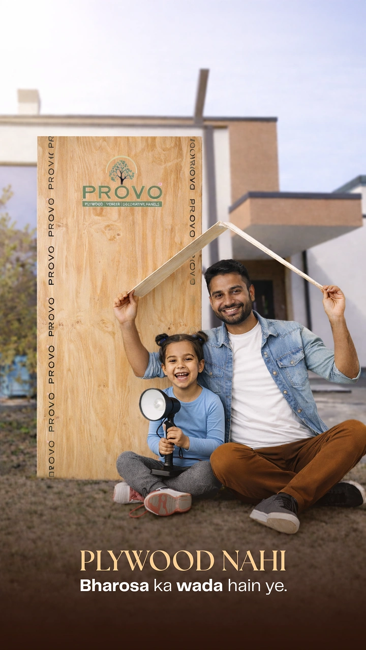 Carpenters & Woodwork creative ad: Plywood sheet becomes family's sheltering roof