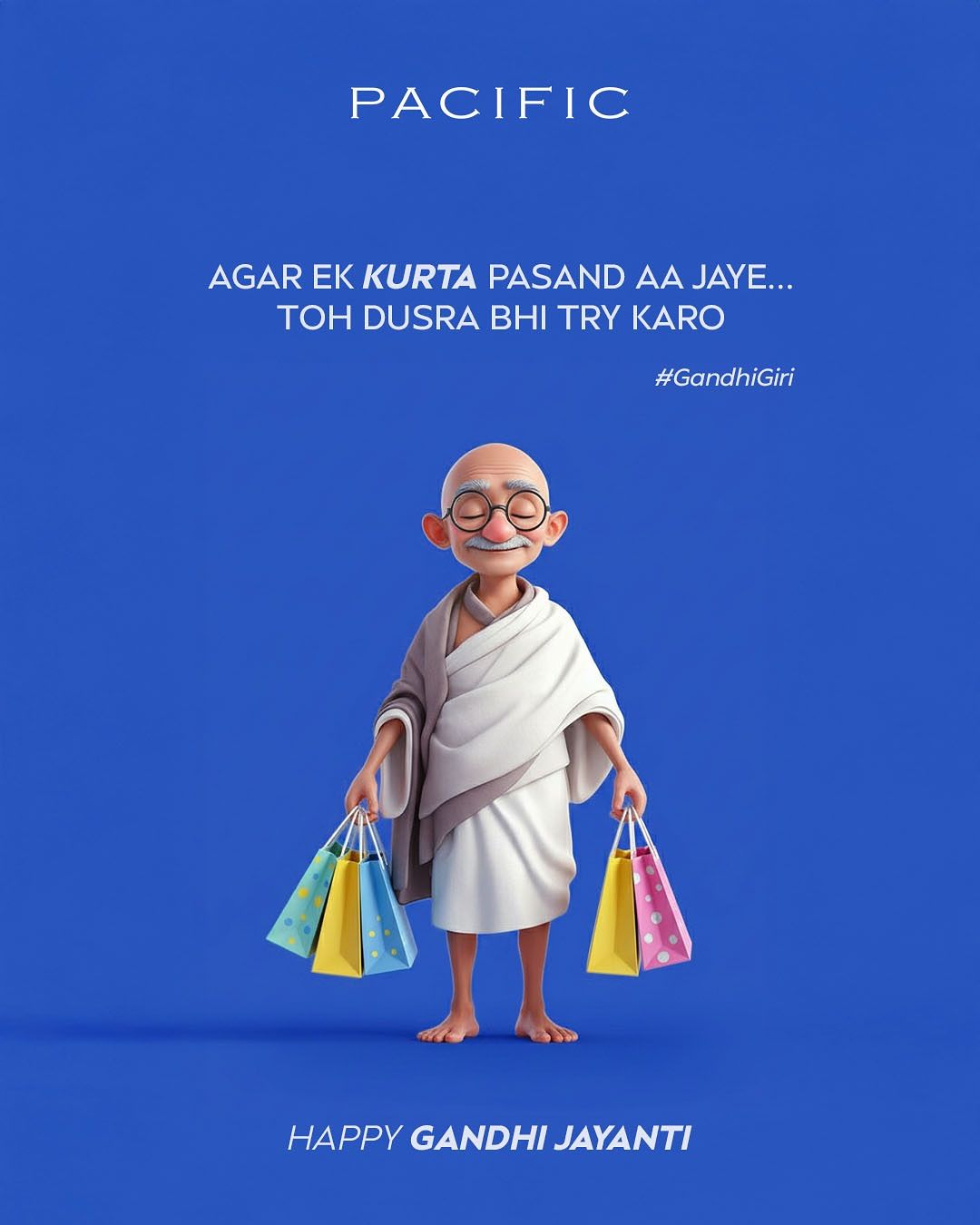 3D cartoon Gandhi holding colourful shopping bags