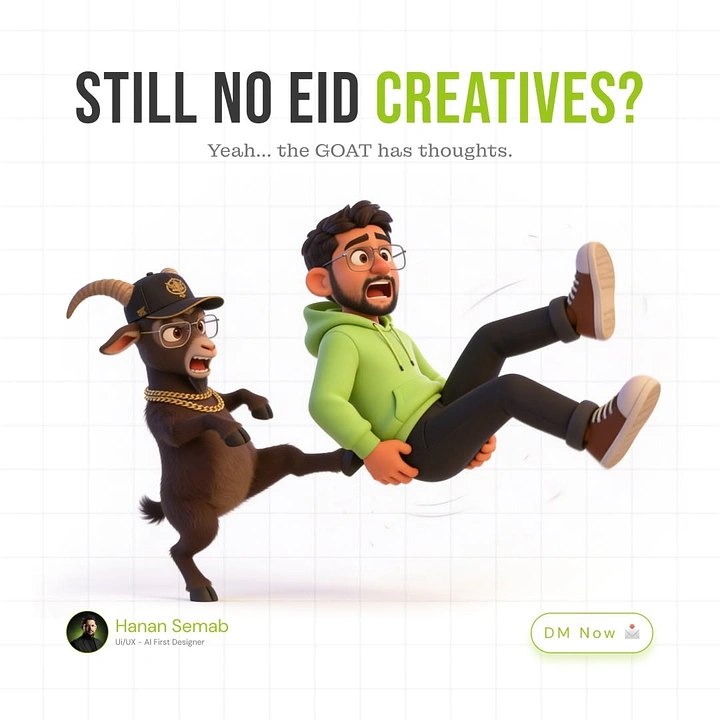 Eid creative ad: 3D cartoon goat in a cap and chain kicking a panicked designer