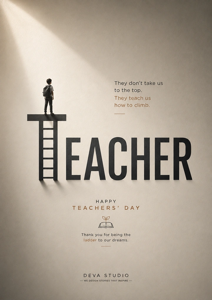 Teachers Day creative ad: Child standing atop a ladder-shaped letter T