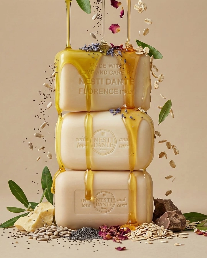 Soap & Bath Products creative ad: Stack of three cream soap bars drenched in dripping honey