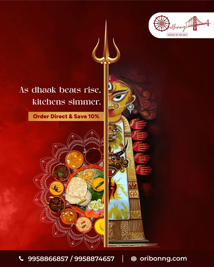 Durga Puja creative ad: Gold trishul splitting a Bengali thali and Durga idol