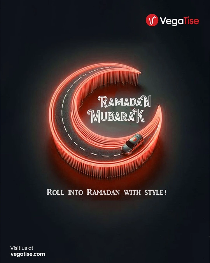 Ramadan creative ad: Neon-edged crescent road with a car driving on it