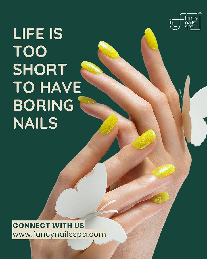 Nail Salons creative ad: Bold copy, yellow nails, butterfly accent