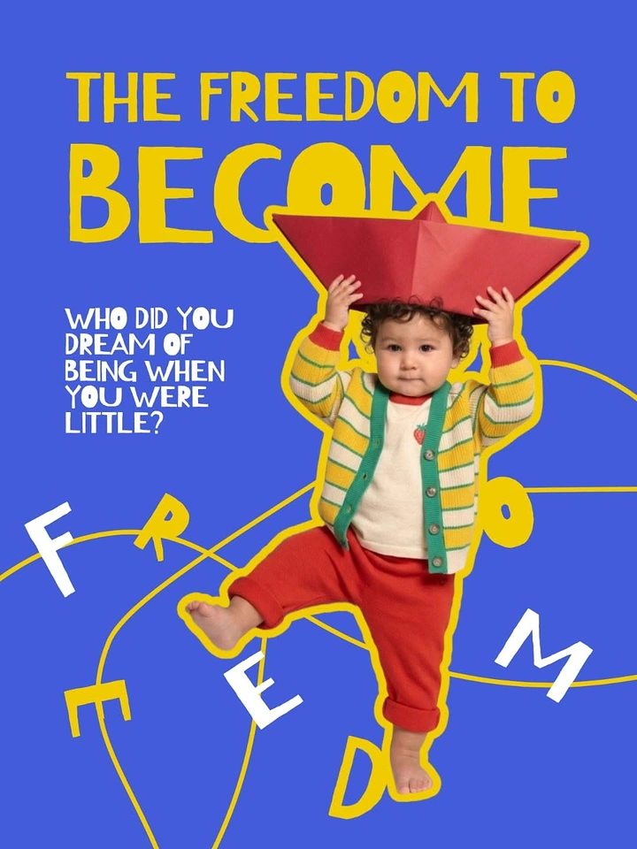 Children's Day creative ad: Toddler wearing a red paper boat hat, cut out with yellow sticker outline