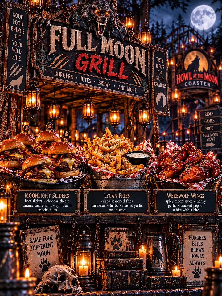 Halloween creative ad: Werewolf-themed food stall with burgers, fries and wings