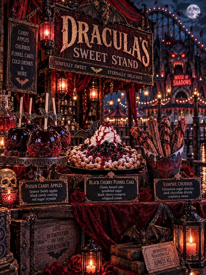 Halloween creative ad: Vampire-themed dessert stand with candy apples, funnel cake and churros