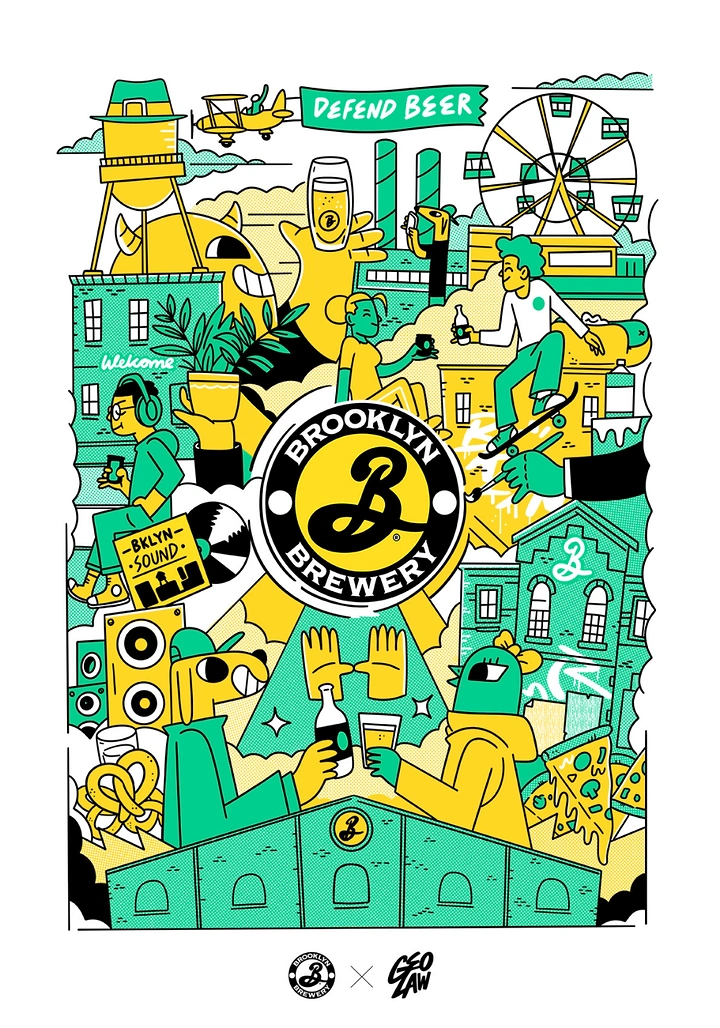 Creative ad: Dense illustrated Brooklyn cityscape around a central brewery logo badge