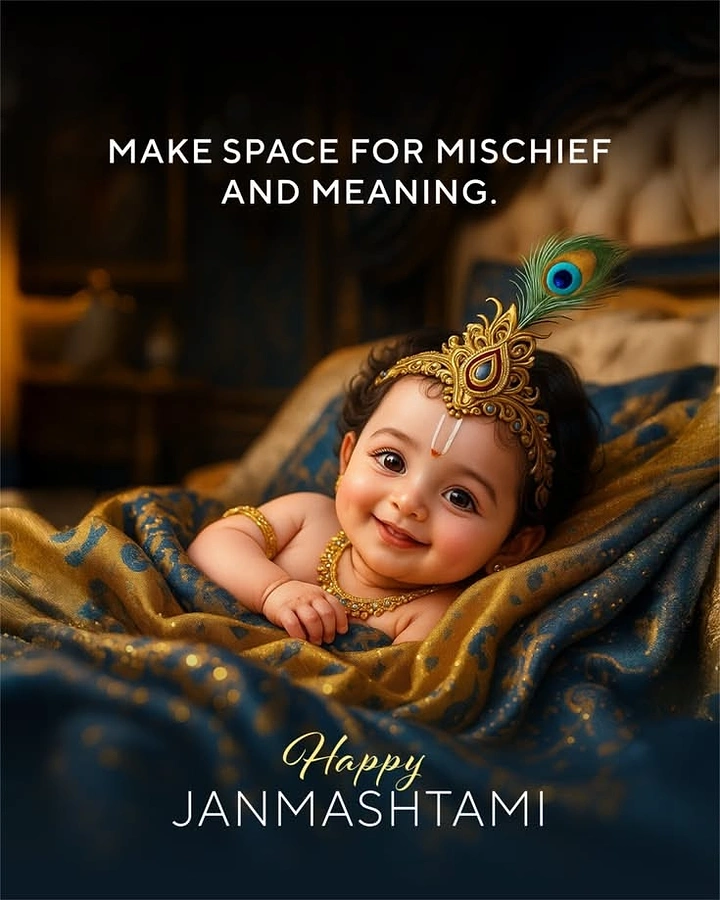 Janmashtami creative ad: Smiling baby Krishna lying in blue-gold silk