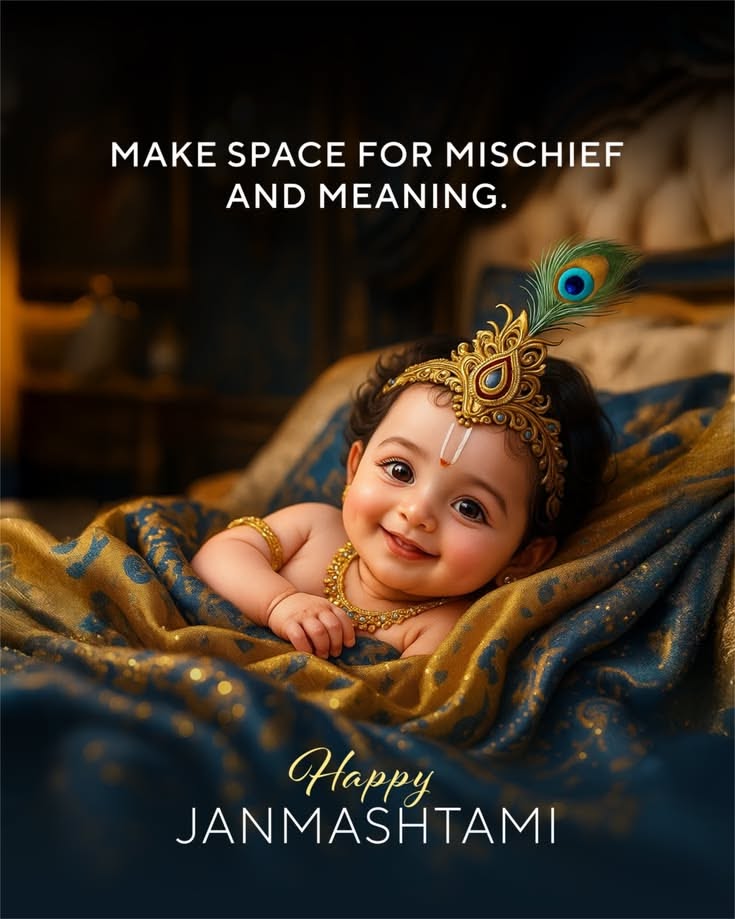 Smiling baby Krishna lying in blue-gold silk