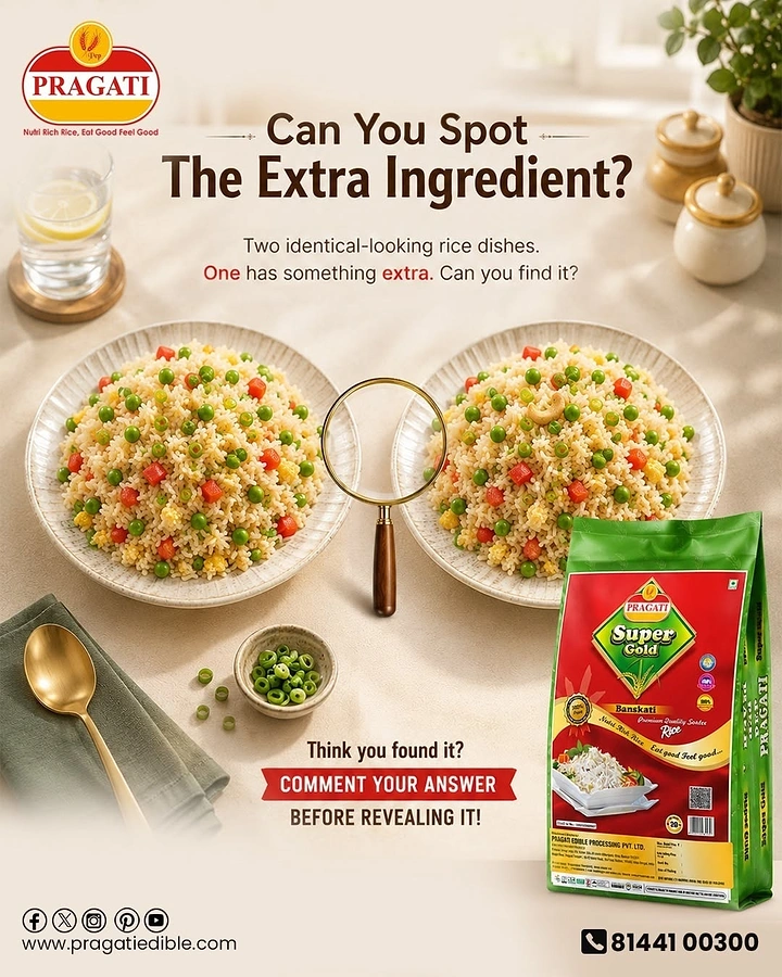 Rice, Atta & Flour Brands creative ad: Spot-the-difference rice plates with magnifying glass