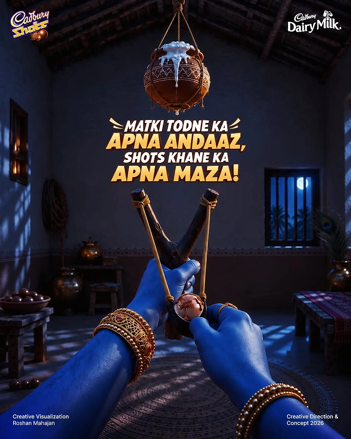 Janmashtami creative ad: First-person blue Krishna hands aiming slingshot loaded with chocolate ball at butter matki