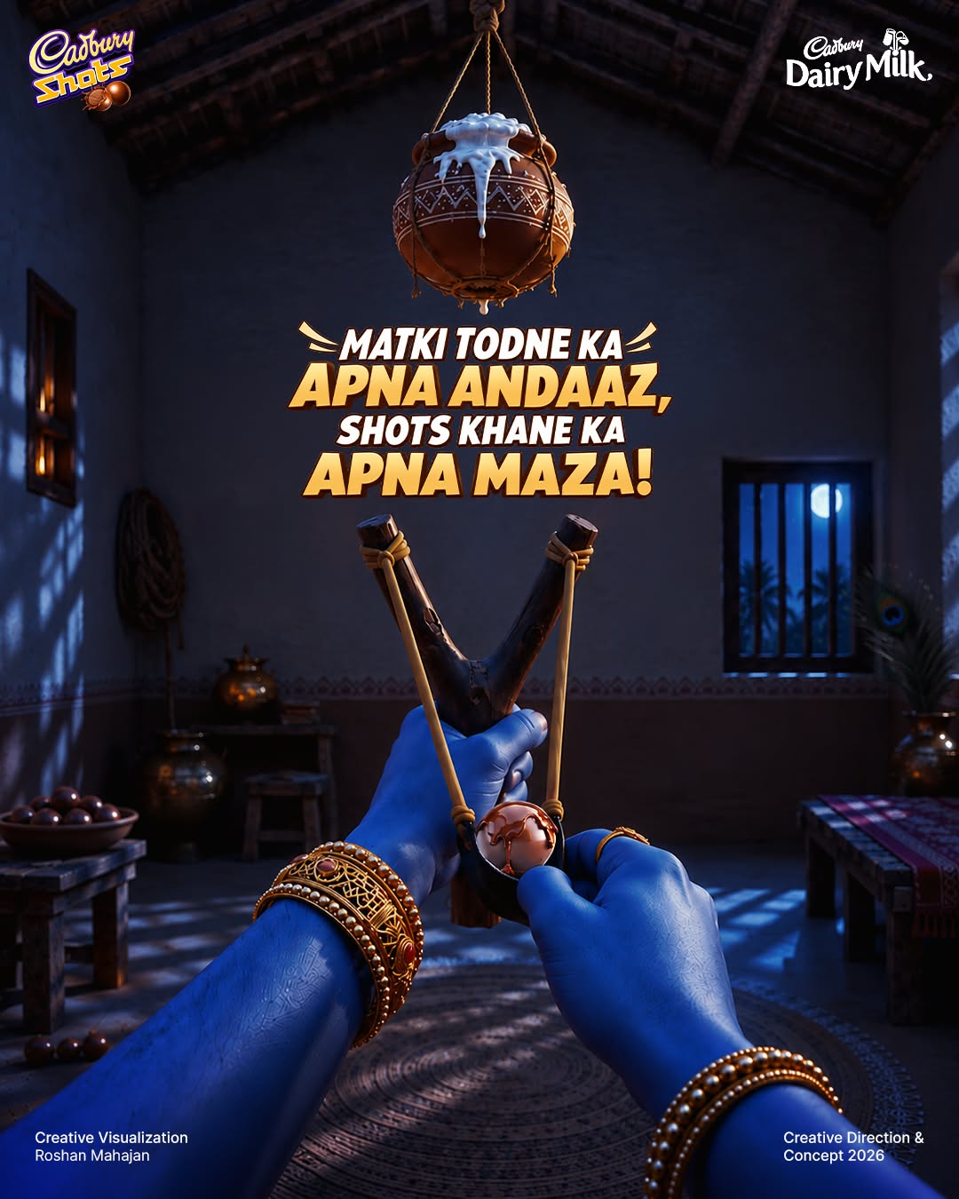 First-person blue Krishna hands aiming slingshot loaded with chocolate ball at butter matki