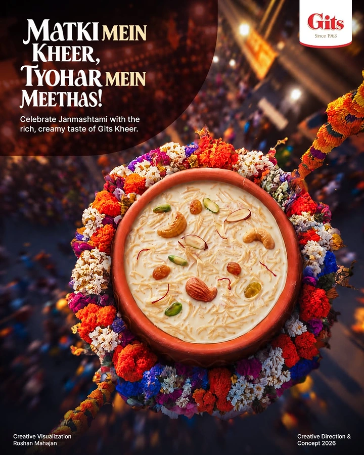 Janmashtami creative ad: Top-down clay pot of kheer ringed with flowers above a crowd