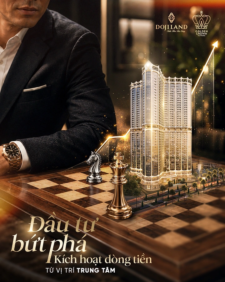 Stock Brokers & Investing creative ad: Luxury tower rising from a chessboard beside a businessman