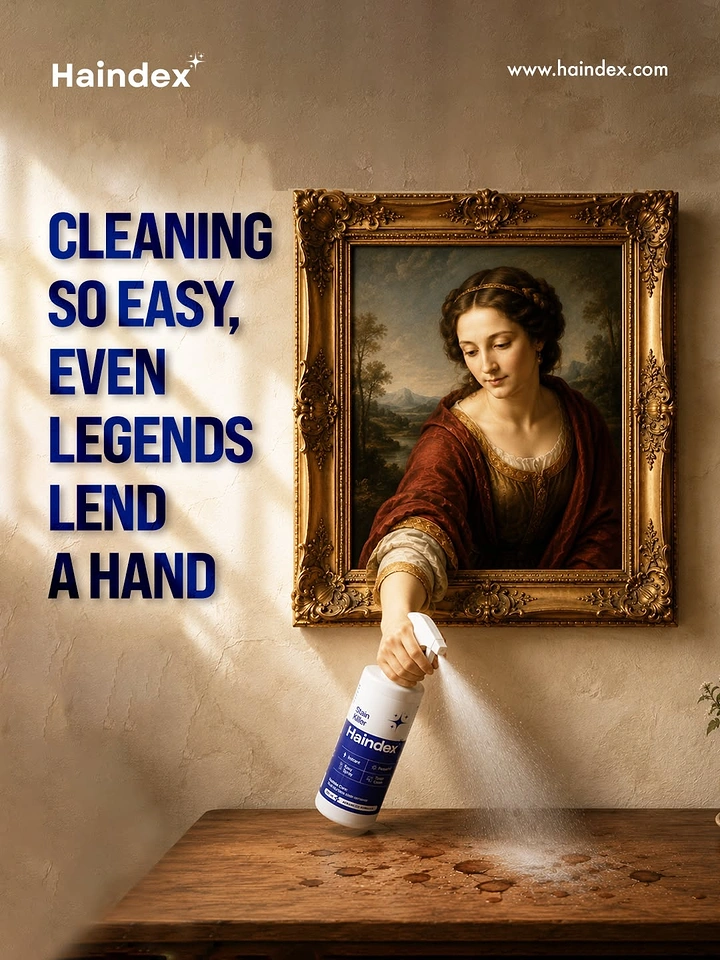 Cleaning Services creative ad: Renaissance painted woman reaching out of her gilded frame to spray a cleaner on a stained table