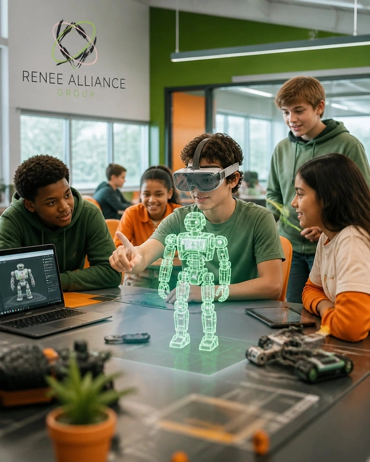 Robotics & STEM Classes creative ad: Holographic robot turns class photo futuristic