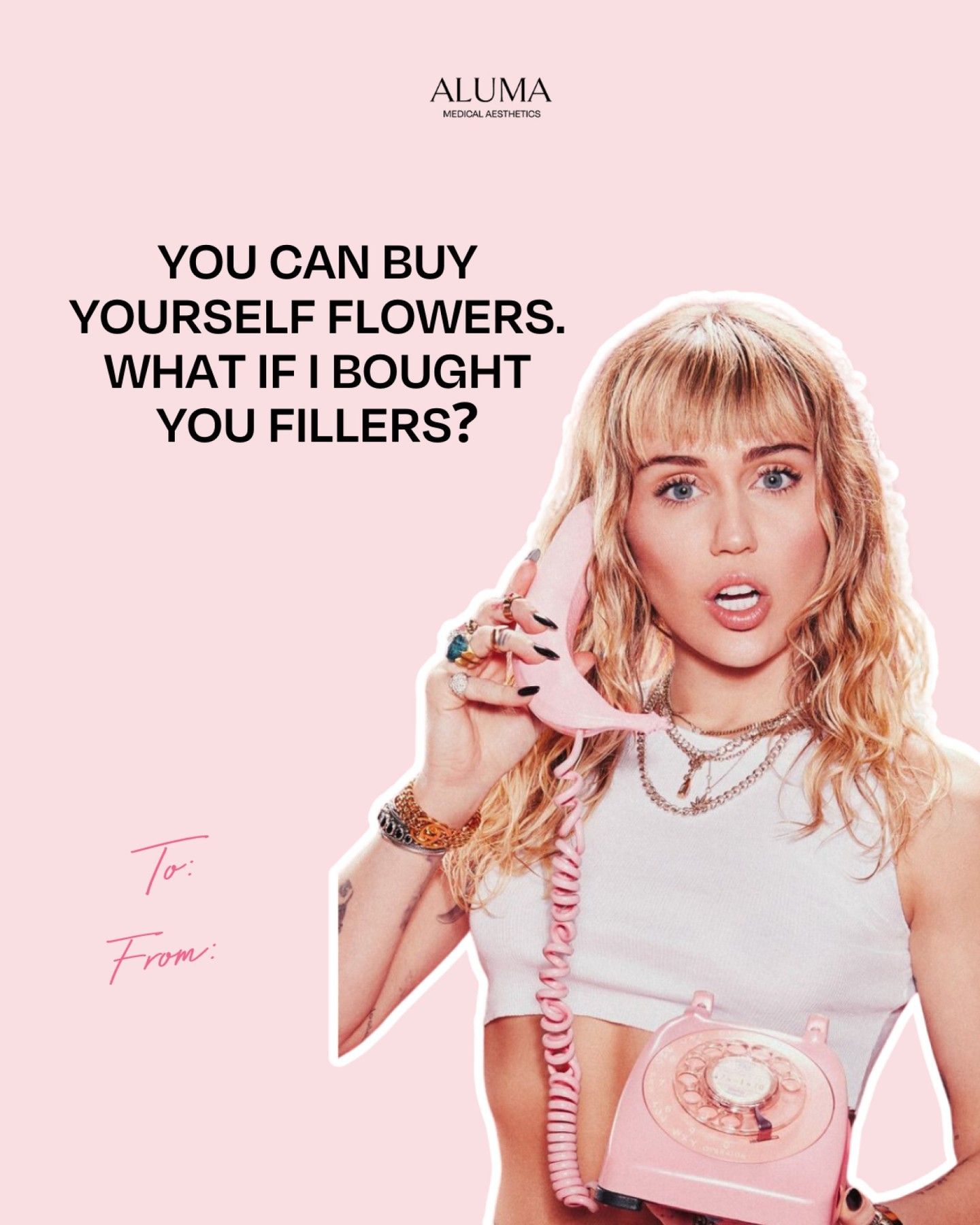Valentine's Day Instagram post: Cut-out of a blonde woman holding a pink rotary phone receiver