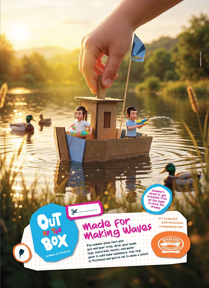 Summer Camps & Kids Activities creative ad: Cardboard boat visualizes making waves