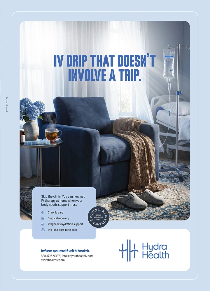 Creative ad: Cosy living-room armchair beside an IV drip stand