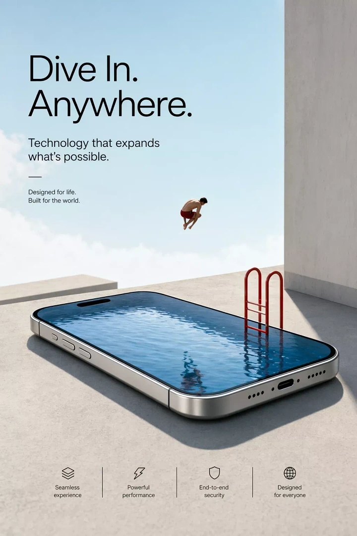 Electronics creative ad: Smartphone turned into a rooftop swimming pool with a diver