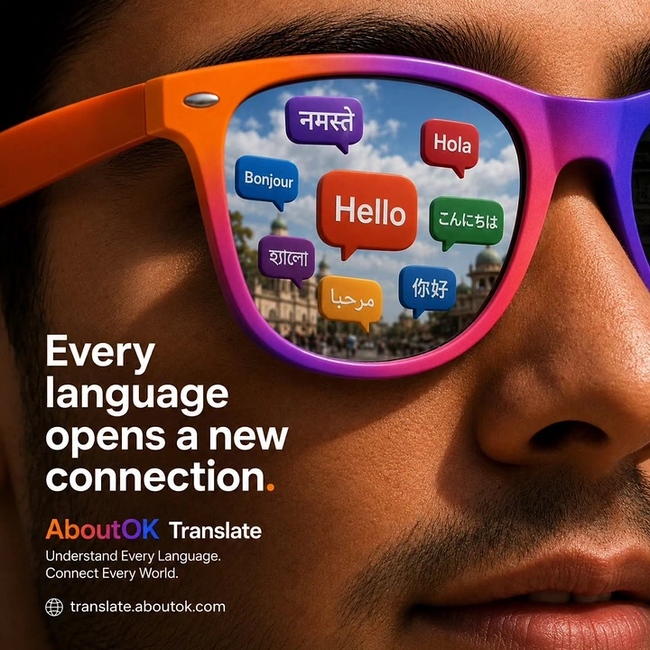 Language Schools & Spoken English creative ad: Extreme close-up of a face in gradient sunglasses reflecting multilingual speech bubbles