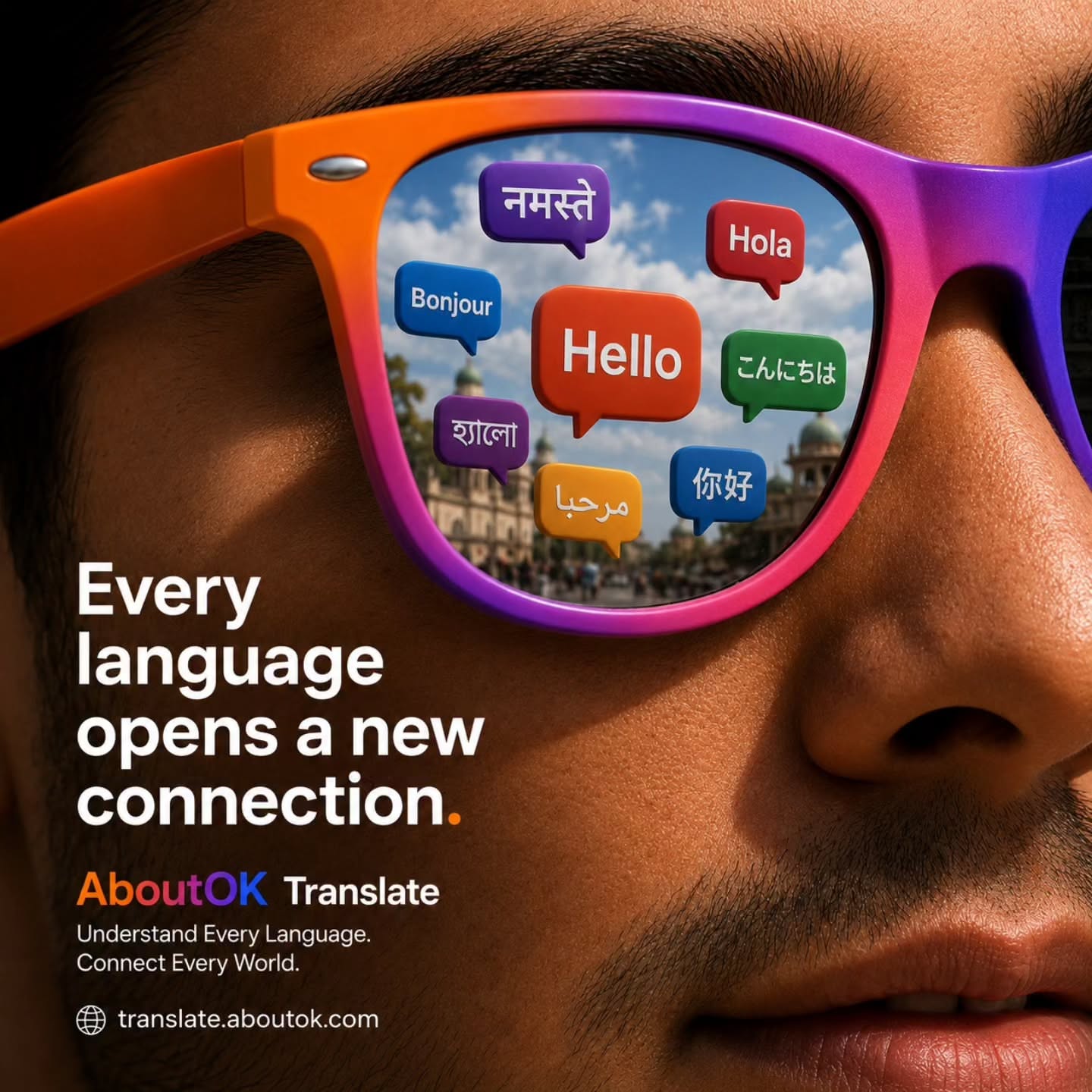 Instagram post: Extreme close-up of a face in gradient sunglasses reflecting multilingual speech bubbles