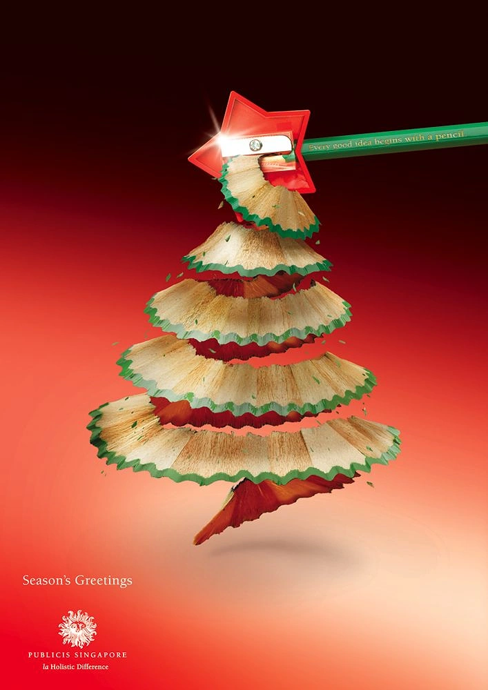 Christmas creative ad: Spiral pencil shaving forming a Christmas tree under a star-shaped sharpener