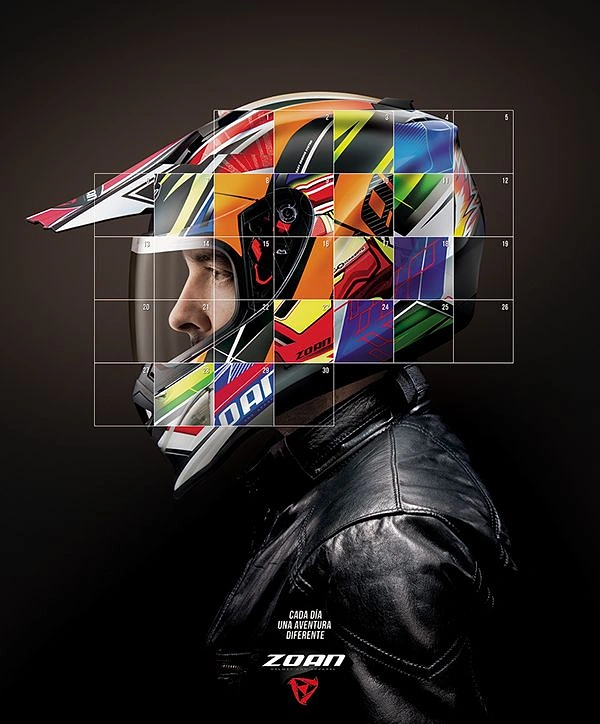 Helmets & Riding Gear creative ad: Rider in profile wearing a helmet overlaid with a calendar grid of colourful designs