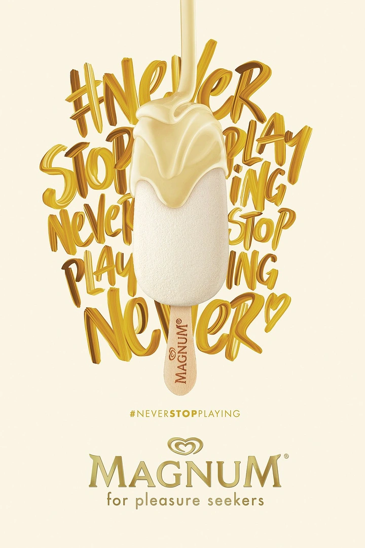 Ice Cream & Gelato creative ad: White chocolate ice cream bar with a coating drip, set against hand-lettered brush type