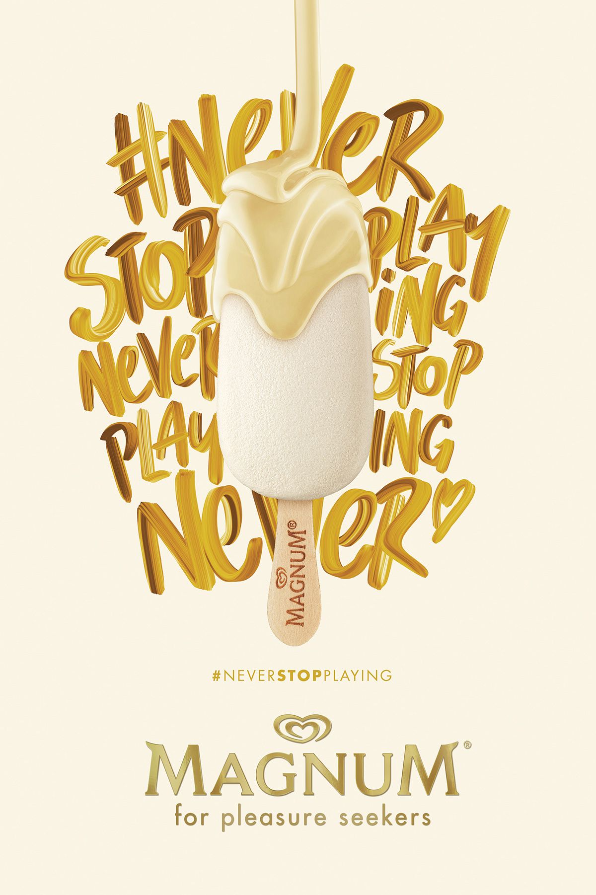Poster: White chocolate ice cream bar with a coating drip, set against hand-lettered brush type