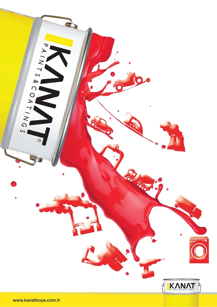 Creative ad: Tipping paint can pouring red paint that forms cars, factories and appliances