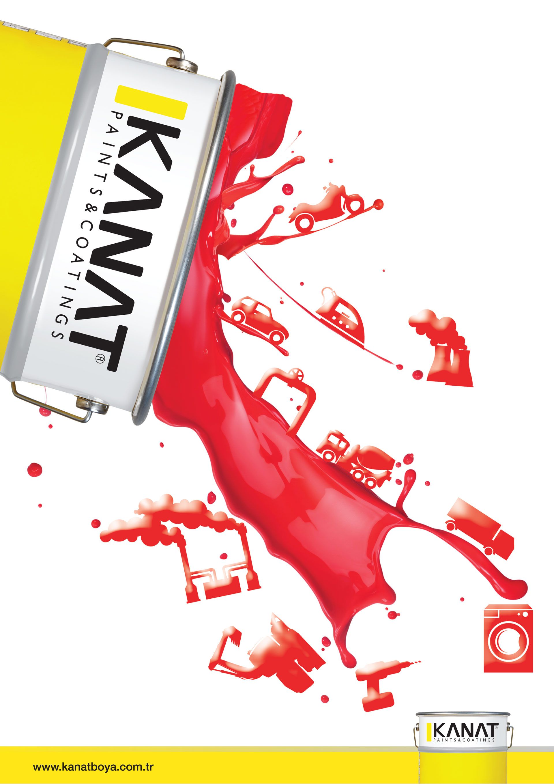Poster: Tipping paint can pouring red paint that forms cars, factories and appliances