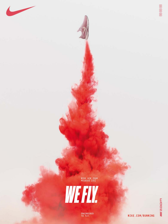 Poster: Running shoe launching like a rocket on a red smoke trail