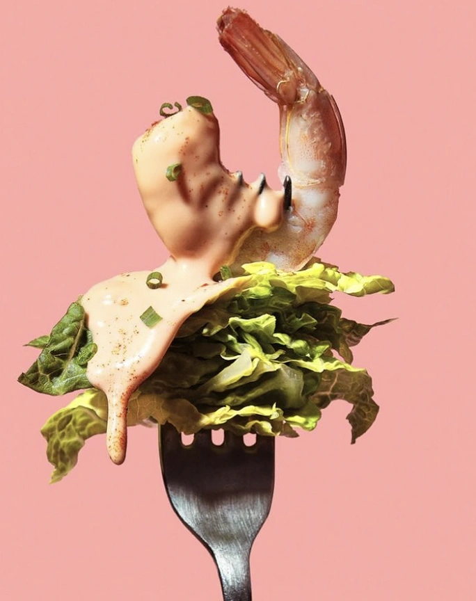Seafood Restaurants creative ad: Surreal shrimp fork product composition