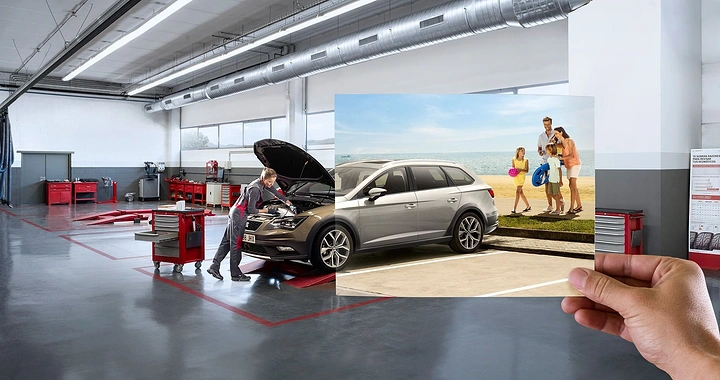 Auto Repair & Garages creative ad: Held photo reveals family trip beyond garage