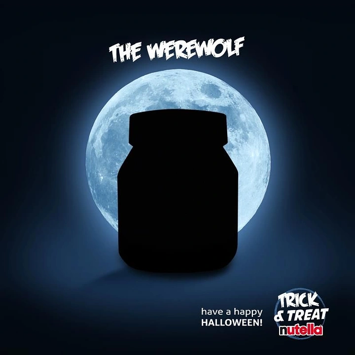 Halloween creative ad: Black jar silhouette against a glowing full moon