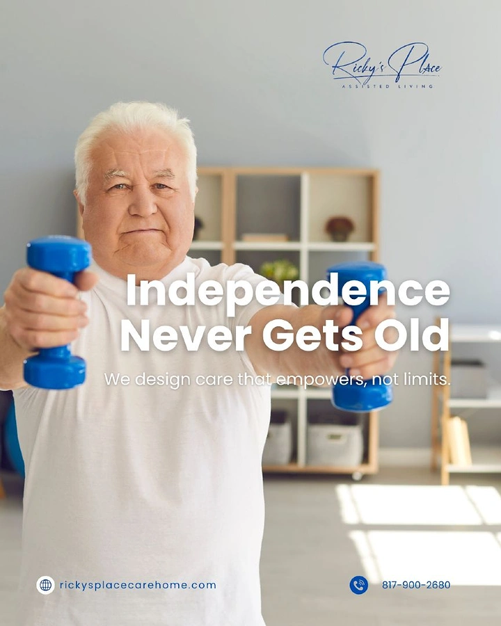 Senior Care creative ad: Senior lifting dumbbells, independence pun