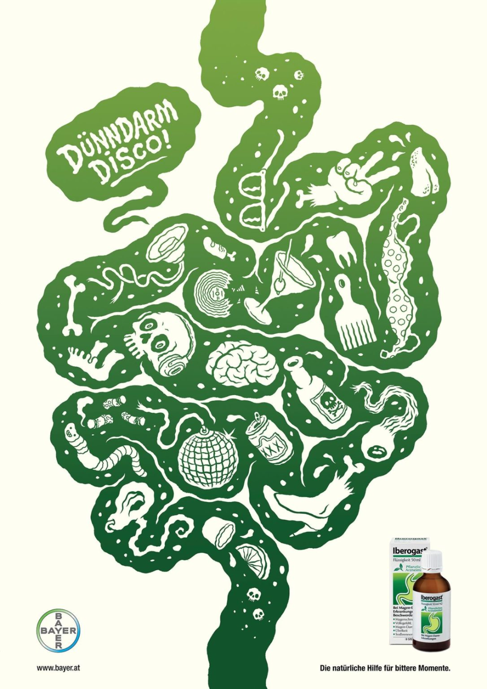 Poster: Green illustrated small intestine packed with party and hangover doodles