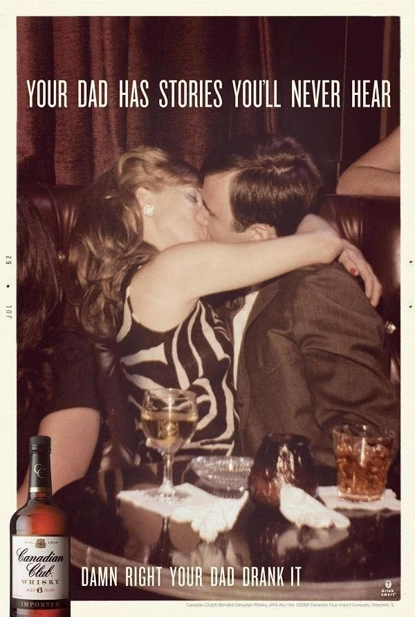 Father's Day creative ad: 1960s couple kissing in a lounge booth