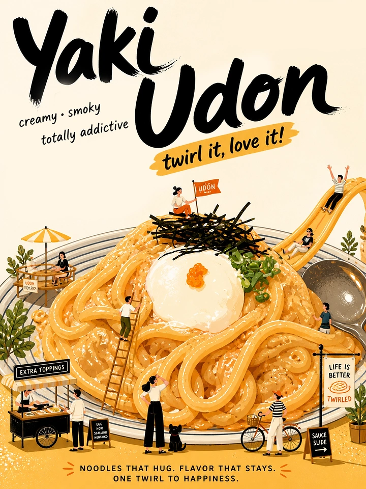 Instant Noodles & Pasta Brands creative ad: Expressive udon illustration and witty copy