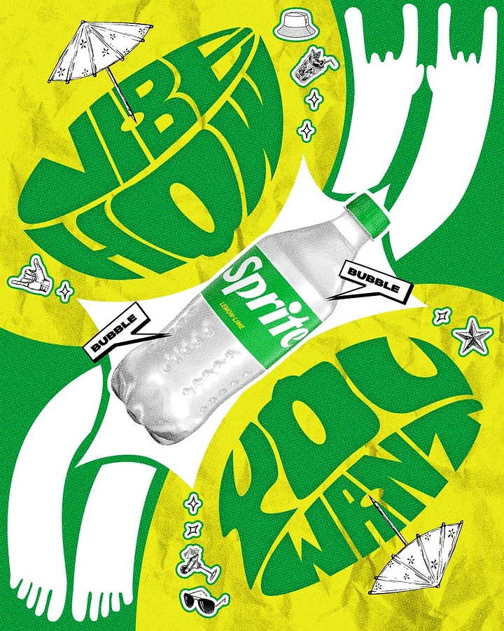 Soft Drinks & Beverages creative ad: Tilted lemon-lime soda bottle on a white starburst