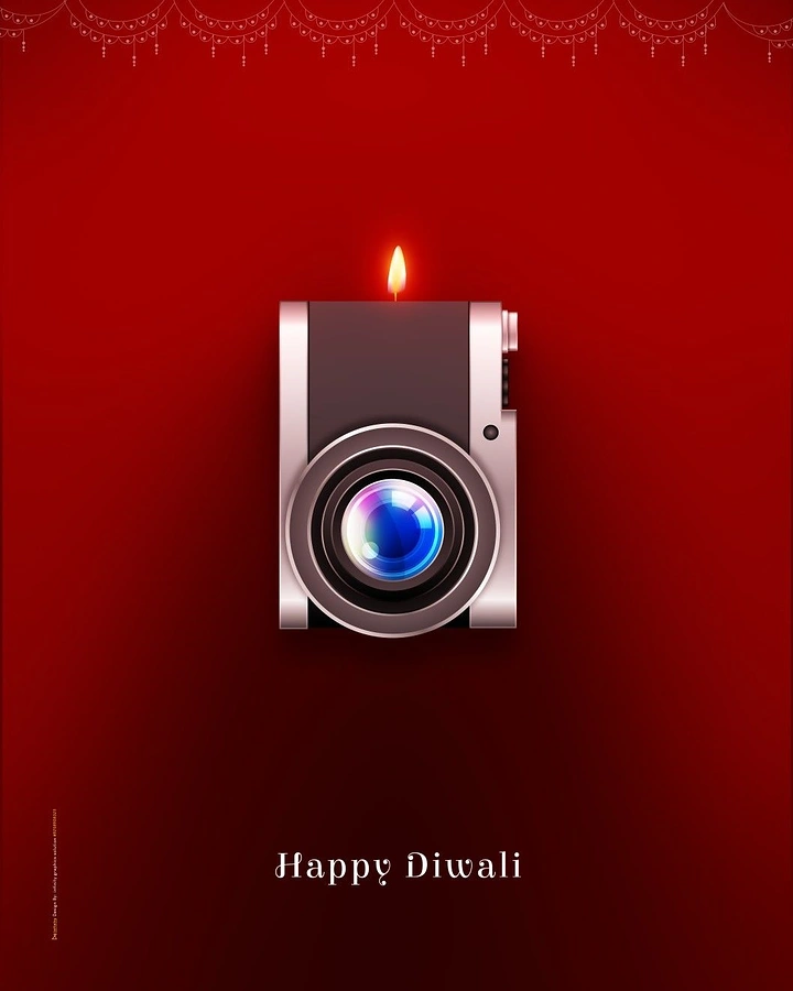 Diwali creative ad: Silver camera shaped as a candle with a flame on top