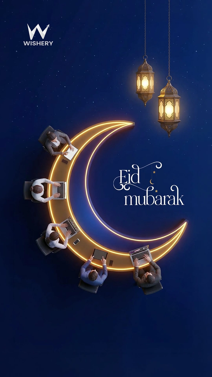 Eid creative ad: Top-down view of professionals working at a glowing crescent-shaped desk