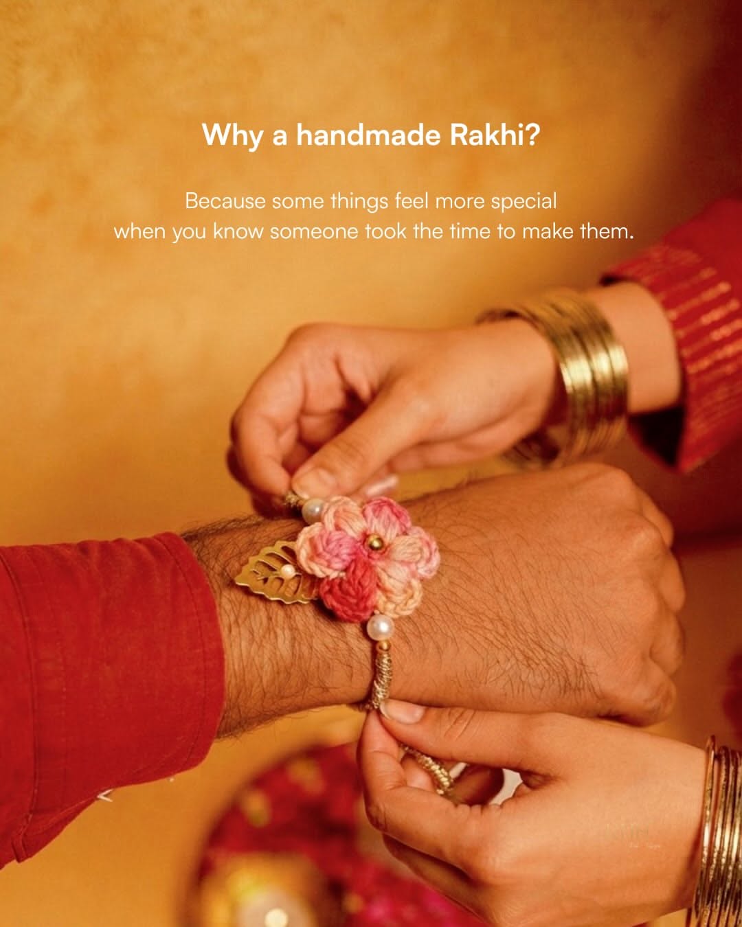 Sister tying crochet evil-eye rakhi on brother's wrist